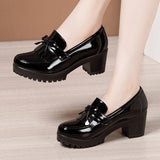 kamames And Autumn Lace-Up Small Leather Shoes Yinglun Style Thick Heels New Style Medium Heels Casual Large Size 40-43 Women's Shoes