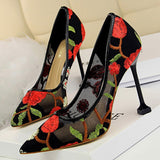 BIGTREE Shoes Woman Pumps Flower Embroidery Lace High Heels Sexy Party Shoes Stiletto Fashion Women Heels Mesh Women Shoes