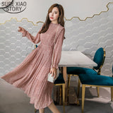 kamames Elegant Stand Collar Floral Print Chiffon Dress Full Sleeve Fashion Women Dresses Spring A-line Long Pleated Dress 3603 50