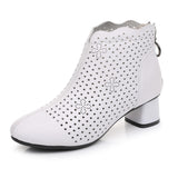 GKTINOO 2021 Summer Ankle Boots Genuine Leather Shoes Women Med High Heel Back Zipper Boots Cutout breathable Mujer Zapatos