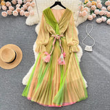 kamames Women's Fashion France Vintage Pleated Long Dress Summer Autumn Sexy V-Neck Lace Up Party Runway Vestidos Female Elegant Robe