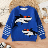 Boys Stylish Shark Pattern Sweater Round Neck Long Sleeve Stretch Warm Knit Pullover Top Kids Clothes Outdoor