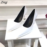 kamames NEW Women's Shoes LEATHER Woman High Heels Pointed toe Women Pumps for Fashion Office Lady Slip on Sock Free White Black