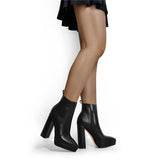 kamames Onlymaker Women Ankle Boots Pointed Toe Black Matte Flock12CM Chunky Heel Platform Booties Party Shoes Large Size Short Boots