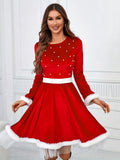 1pc Festive Christmas Dress for Women, Polyester Red Santa Costume with Faux Fur Trim and Belt Detail, Casual Round Neck Long Sleeve Holiday Party Outfit