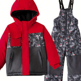 Toddler Boy's Skiing Suit 2pcs, Boy's Color Block Zip Up Hooded Jacket & Thermal Comfy Jumpsuit For Winter Vacation