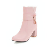 kamames Comfortable Thick Heel Ankle Boots Fashion Buckle Zipper Boots Women Round Toe Fall Winter Shoes Black White Pink