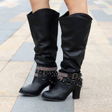 kamames New Women Boots Sexy Rivet Pointed Toe Belt Buckle Female Shoes Fashion Leather Punk Motorcycle Boots Lady Knee High Boots