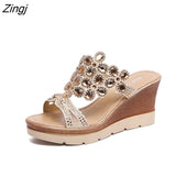 kamames Shoes Women Summer Peep Toe Breathable Beach Sandals Rhinestone Slip-On Wedges Shoes Sandals