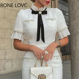 Women Elegant Round Neck Short Sleeves Bow Ruffle Hem Beaded Formal Fragrant Breeze White Dress 1004-1