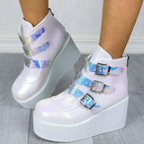 kamames 2023 New Large-Size High-Heeled Muffin Martin Boots Belt Buckle Slope Heel Women's Shoes