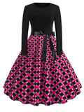 kamames Print Vintage Women New Spring Elegant Party Long Sleeve Casual Black Patchwork Midi Dress