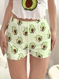 Adorable Cartoon Avocado Print High-Waisted Frill Trim Pajama Bottoms - Soft Micro Elastic Polyester Knit Fabric, Comfy Casual Sleepwear & Loungewear for Women - All Seasons, Random Print Design