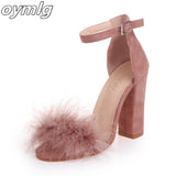 kamames Strap High Heels Faux Fluffy Rabbit Fur Women Sandals 2020 Thick High Heel Party Wedding Summer Lady Shoes