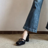 kamames kamames Jane High Heels Women's Fall 2023 New Thick Heel Square Head Black Small Leather Shoes With Shallow Single Shoes