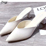 kamames Summer Fashion Women Pointed Toe Slipper Nude White Square Low Heels Outsides Ladies Slides Luxury Brand Beach Mules Shoes
