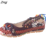 kamames Size Flat Shoes Woman Beaded Strap Women Colorful Back Lace up Fashion Ladies Floral Cotton Fabric Women's Footwear