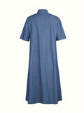 Plain Washed Blue Short Sleeve Button Up Causal Style Loose Fit Maxi Denim Dress, Women's Denim Jeans & Clothing