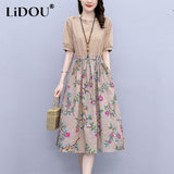 kamames Summer Cotton Linen Vintage Floral Patchwork Drawstring Dress Women Short Sleeve Casual Fashion A-line Midi Robe Dresses