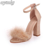 kamames Strap High Heels Faux Fluffy Rabbit Fur Women Sandals 2020 Thick High Heel Party Wedding Summer Lady Shoes