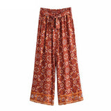 kamames Queens Women Floral Print Wide Leg Bohemian Pant Ladies Sashes Loose Rayon Cotton Boho Long Pants Oversize