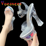 kamames Women Sandals Female Model T Station Catwalk Sexy Crystal Transparent Women Shoes 14CM High Heels Waterproof Square Heel Sandals