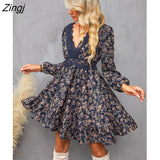 kamames PETAL Ditsy Floral Lace Mini Dress For Woman Sexy V-neck Ruffled Long Sleeve Party Dress 2023 Spring Autumn Female Sundress