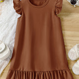 Girls' Summer Elegance: Flutter Sleeve Solid Color Dress - Ruffle Hem, Perfect for Holiday & Party Celebrations