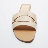 kamames ZARZ Sandals Women's Flat Bottom 2022 Summer New Leather Cross Decoration Flat-Heeled Sandals Beige Lazy Slippers Women Shoes
