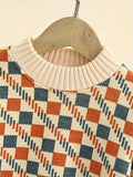 Boy's Allover Checks Pattern Knit Pullover For Autumn And Winter - Versatile Trendy Long Sleeve Bottoming Knitted Top As Gift