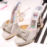 kamames Women Platform High Heels Slippers Bowknot Design Glitter Bling Wedges Sandals Sexy Peep Toe Women Nightclub Party Wedding Shoes