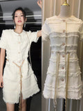 Zingj Runway Dress Women Woven Plaid Tweed O-neck Short Sleeve Diamonds Buttons Pearl Chain Tassel Belt Vintage Tweed Dresses