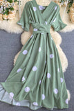 kamames Women Polka Dot Midi Dress Vintage V-Neck Short Flare Sleeve Bandage A-Line Vestidos Female Casual Robe New Fashion