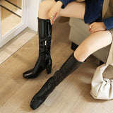 kamames Women Patent Leather Winter Boots Fashion Zipper Knee High Boots Thick High Heel Square Toe Long Boots Autumn Lady Shoes