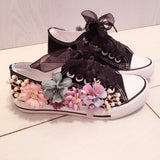 Sneakers Wedges Canvas shoes Women's casual shoes Women's handmade custom Three-dimensional sequins Flowers White Flat