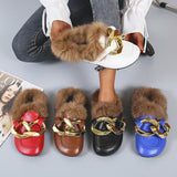 kamames Real Fur Metal Chain Mules Women Shoes Loafers Round Toe Casual Shoes Women Furry Slides Fluffy Hairy Flip Flops