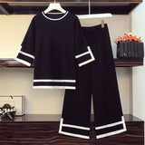 kamames Women's Knitted Two Piece Suits Color Contrast Loose Pullover Sweater Jumpers And Wide Leg Pants Plus Szie Outfits