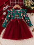 Christmas Baby Girl Snowflake Santa Hat Bow Christmas Tree Print Top Mesh Dress with Belt