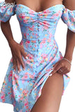 Zingj Women Summer Dress Sexy V Neck Floral Print Boho Beach Dress Split Off the Shoulder A Line Mini Sundress Robe S~3XL