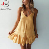 Zingj Summer Dress 2023 Women Sexy Solid V-Neck Ruffled Spaghetti Strap Mini Dress Casual Beach Short Dress Vestidos Yellow