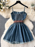 Zingj Fashion Streetwear Denim Dress Spaghetti Strap Cross Lace Up Bow Belt Zipper Pleated Women American Vintage Mini Dress