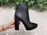 kamames Onlymaker Women Ankle Boots Pointed Toe Black Matte Flock12CM Chunky Heel Platform Booties Party Shoes Large Size Short Boots