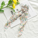Korean Bow Long Ribbon Hair Scrunchie Chiffon Floral Print Sweet Elastic Hair Band Ponytail Hair Scarf Hair Tie Hair Accessories