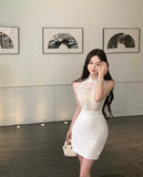 kamames Spicy Girl Lace Stitching Dress Women Summer White Temperament Waist Sleeveless Wrap Hip Short Dress Fashion Lady Clothes