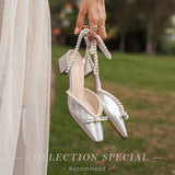 kamames kamames Summer New French Middle Heel Baotou Sandals Women's Thick Heels With Pearl High Heels Fairy Wedding Shoes