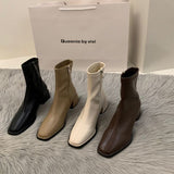 kamames High-Heeled Square Head Thin French Short Boots Women's Shoes 2024 New Spring And Autumn Single Boots Brown Martin Boots