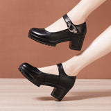 kamames Cheongsam Catwalk High Heels Waterproof Platform Large Round Head Thick Heel Black Professional Single Shoes Working Shoes