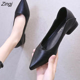 kamames Women Leather Pumps Shoes Office Lady Med Square Heel Pointy Toe Slip On Work Shoes Classic Heel 4 cm