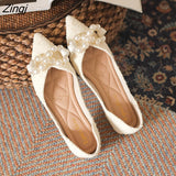 kamames Green Soft Pointed Toe Flat Shoes Women Ballet Shoes 2023 Spring New Pearl Bow Korean Ladies OL Office Shoes
