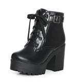 kamames Autumn Fashion Women Boots Square High Heels Platform Buckle Lace Up Pu Short Booties Winter Ladies Shoes 2021 White